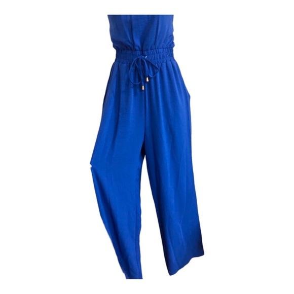 TAHARI blue smocked waist sleeveless  keyhole neck belted‎ jumpsuit size 6 new - Picture 6 of 16